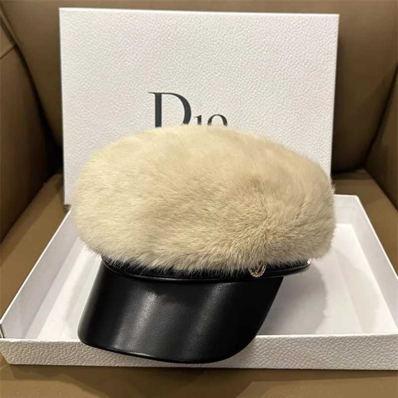 Vintage Mink Fur Beret Women Luxury Versatile Artist Hat Girls Lady Winter Warm Big Head Octagonal Cap Hard Brim Ski Caps J251125
