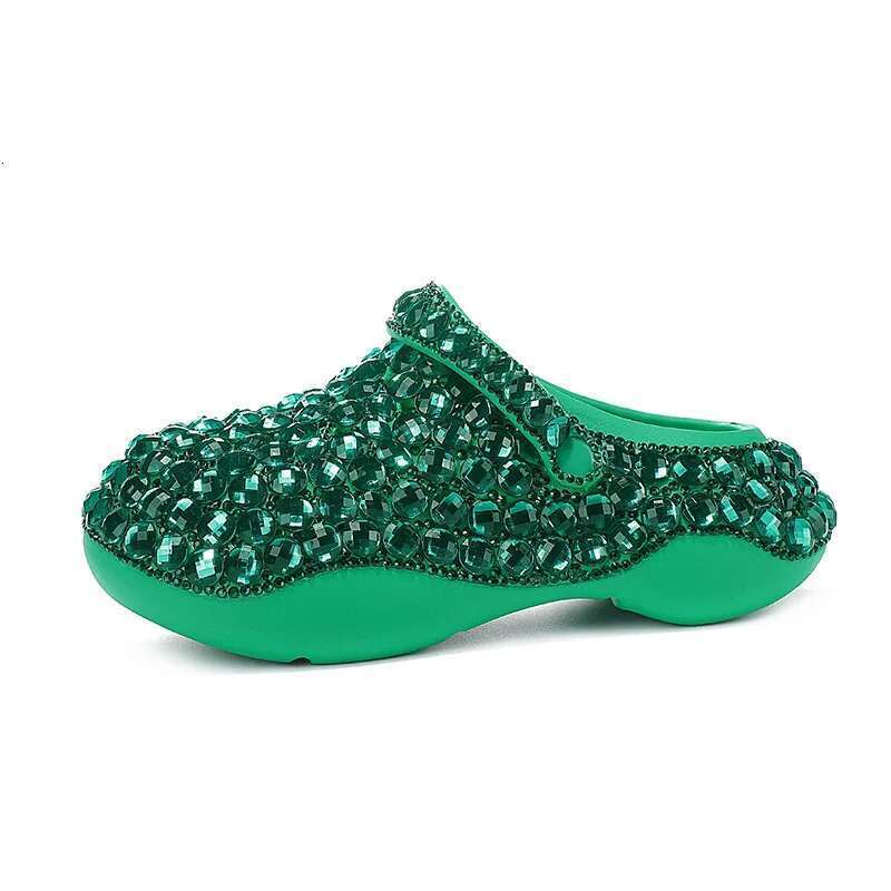 Summer new round toe bag head rhinestone one-line belt thick-sole casual hole shoes daily versatile large-size flat women sandal