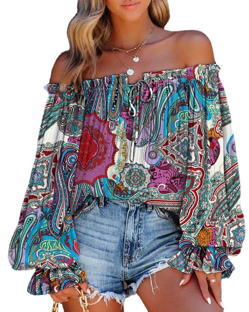 2023 New Spring One Word Collar Horn Sleeve Long Sleeve Lace up Shirt for Women