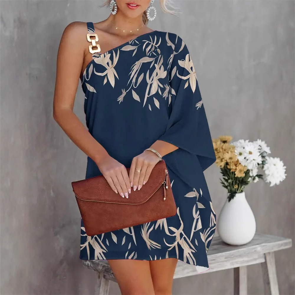 2022 summer bat sleeve off shoulder metal suspender womens dress