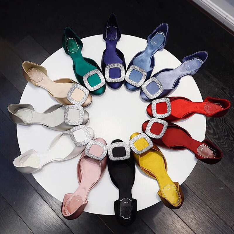 Spring and summer new round toe hollow rhinestone buckle flat silk shoes banquet daily large small size women's sandals