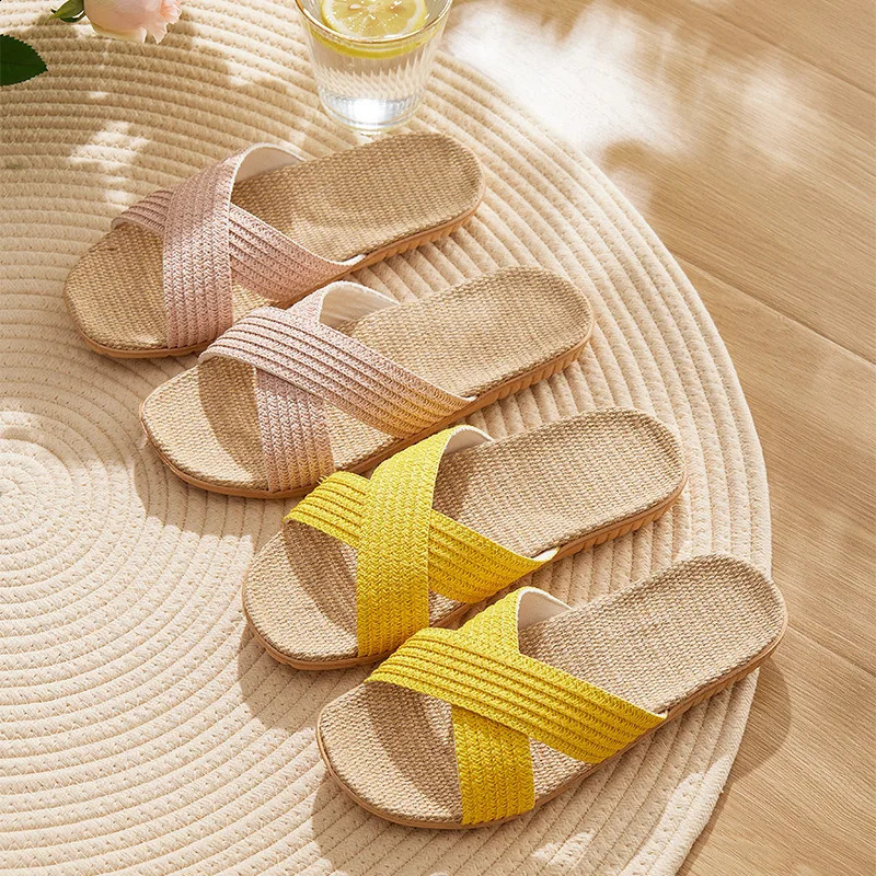 Fashion Cross Straps Slippers Women Summer Linen Flat Sandals Eva Lightweight Comfortable Ladies Flat Flip-flop Slippers Slide 250421