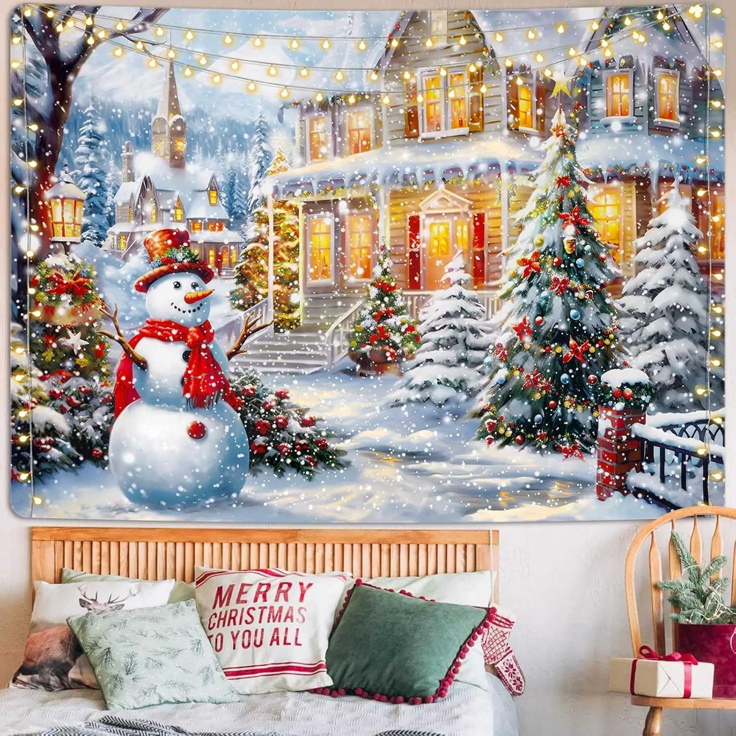 Krelymics Christmas Tapestry Xmas Tree Tapestries Snowman Tapestry Snow Happy New Year Backdrop Decor Winter Warm House TapestryM251125