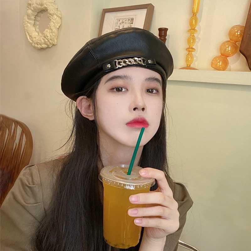 Women Fashion Vintage Elegant Metal Chain Leather Octagonal Beret Ladies Vintage Solid Colours Beret Caps J251125