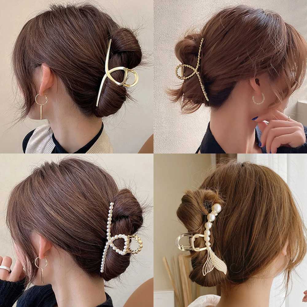 Metal hair claw crab clip suitable for girls Korean anti slip large geometric bucket shark clip hair clip pearl hair accessoriesT250425