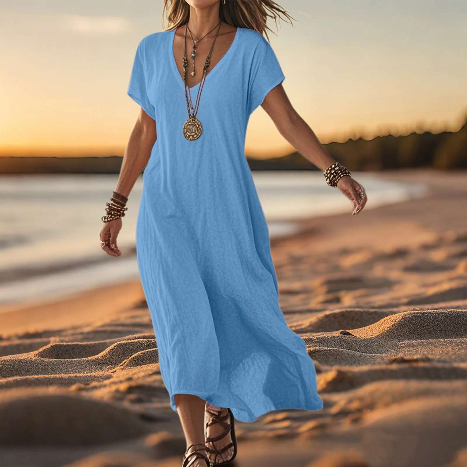 Dongdumaoyi Women Summer V Neck Vintage Print Bohemian Long Dresses Short Sleeve Holiday Pullover Beach A Line Dress Vacation Outfits