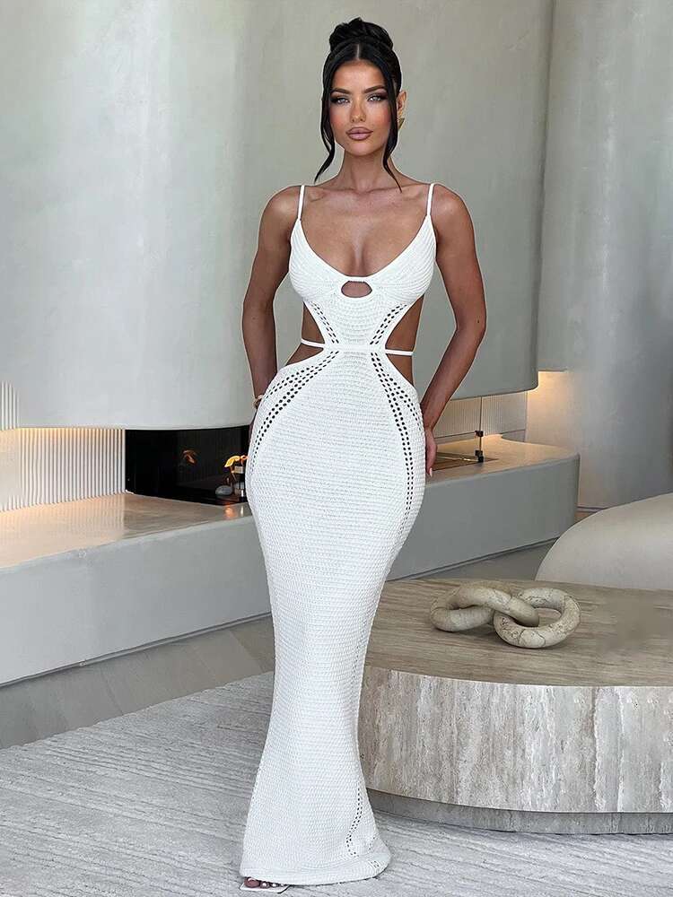 Dongdumaoyi Townlike Knitted Elegant Maxi Long Dress Women Spaghetti Strap Summer Backless Sexy Party Slim Bodycon Dresses