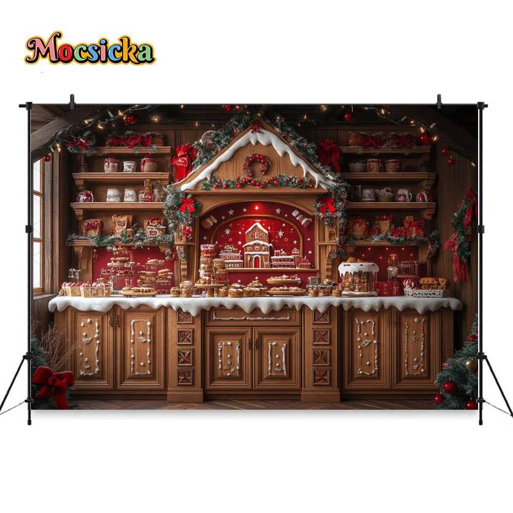 Brown Gingerbread Kitchen Background Photography Christmas Tree Wreath Cabinet Backdrop Winter Kids Family Birthday Photo StudioM251125