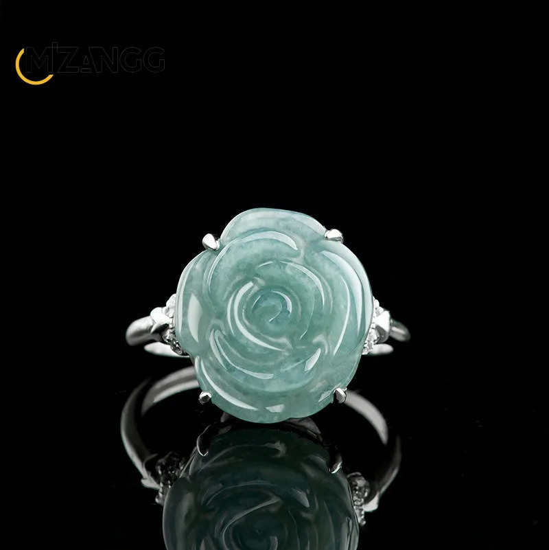 S925 Silver Set Myanmar Jadeite Blue Water Rose Ring Ice Jade Adjustable Female Ring Fashion Fine Jewelry Wedding Party Gift 250425