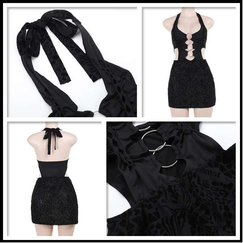 Dongdumaoyi Townlike Flocking Hollow Out Sexy Party Dress Women Halter Mini Summer Backless Nightclub Slim Bodycon Dresses