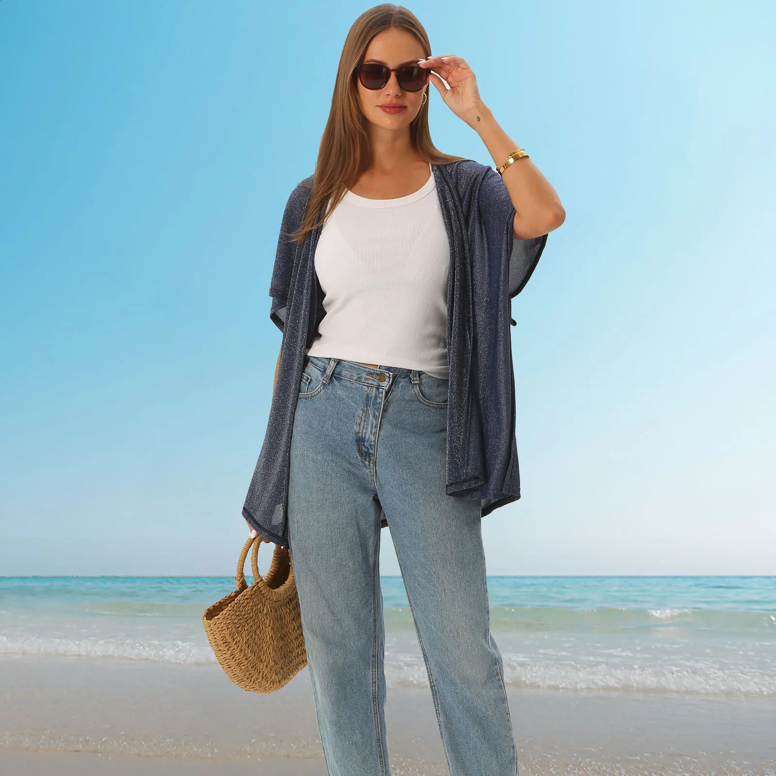 summer nylon gold and silver womens open top wool beach sunscreen jacket 250422