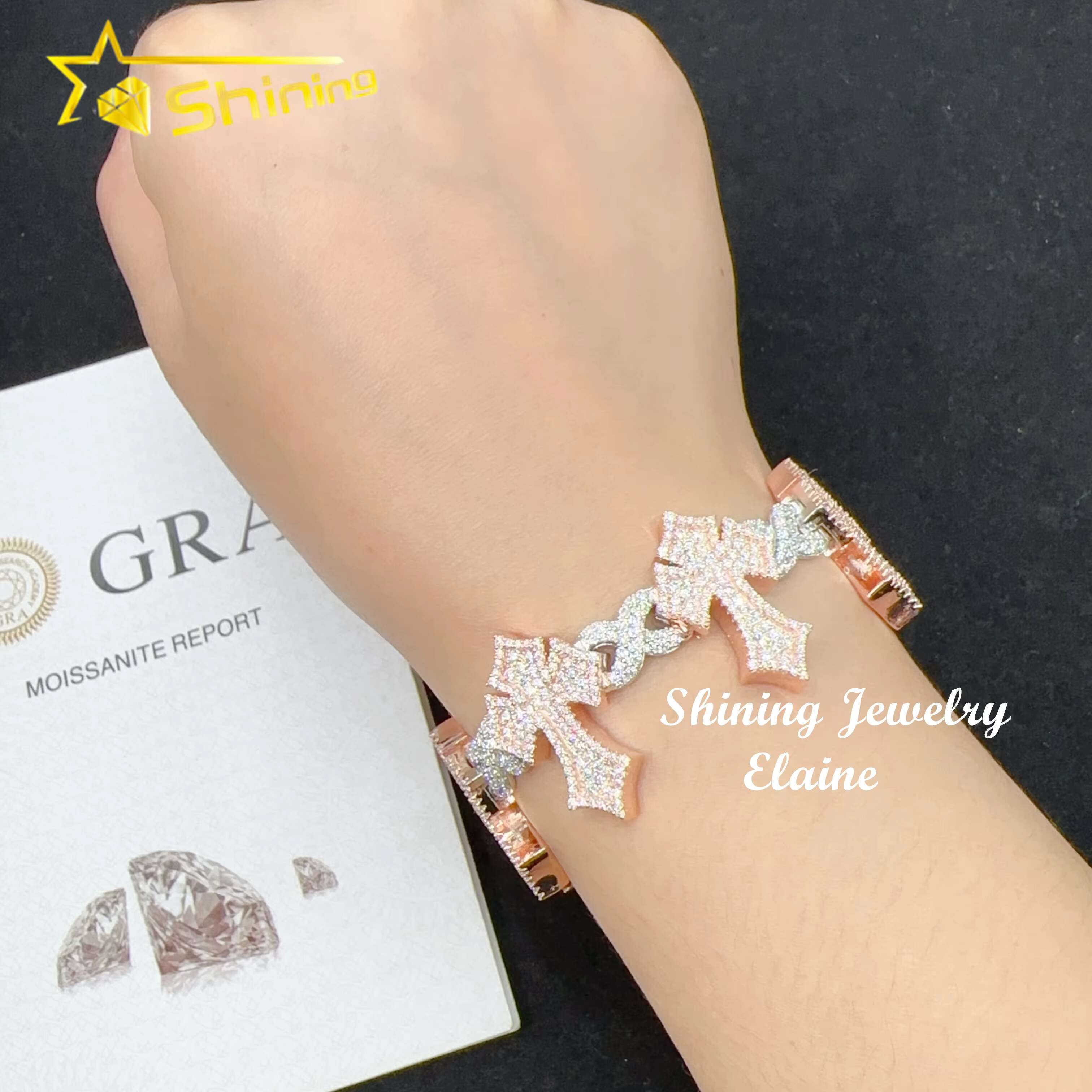 Fashion Jewelry Silver 925 Hip Hop Iced Out Men Bracelet VVS Moissanite Lab Diamond Jewelry Cross Cuban Link Bracelet