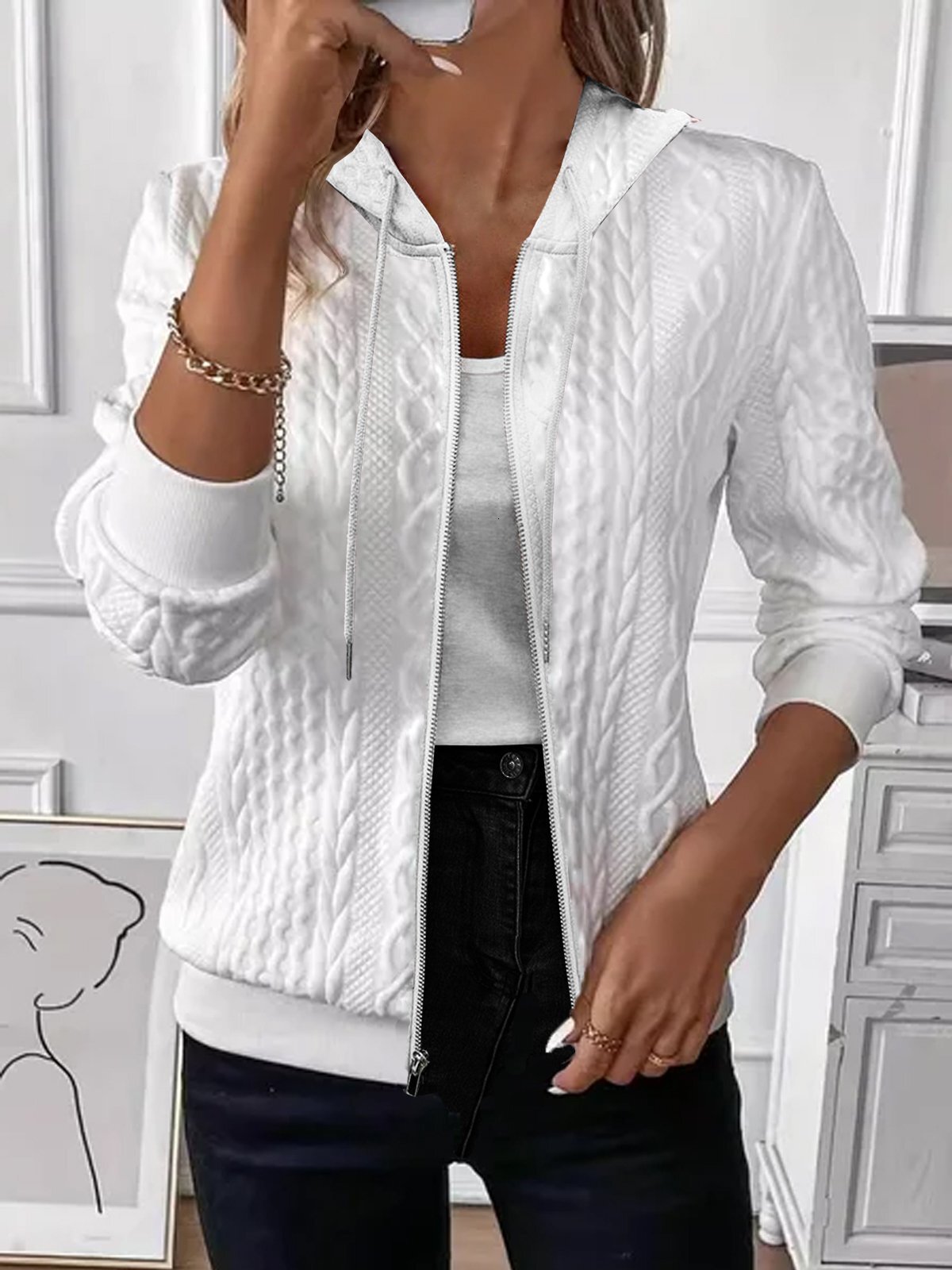 2024 autumn and winter solid color long sleeved knitted zipper hooded sweatshirt jacket for women