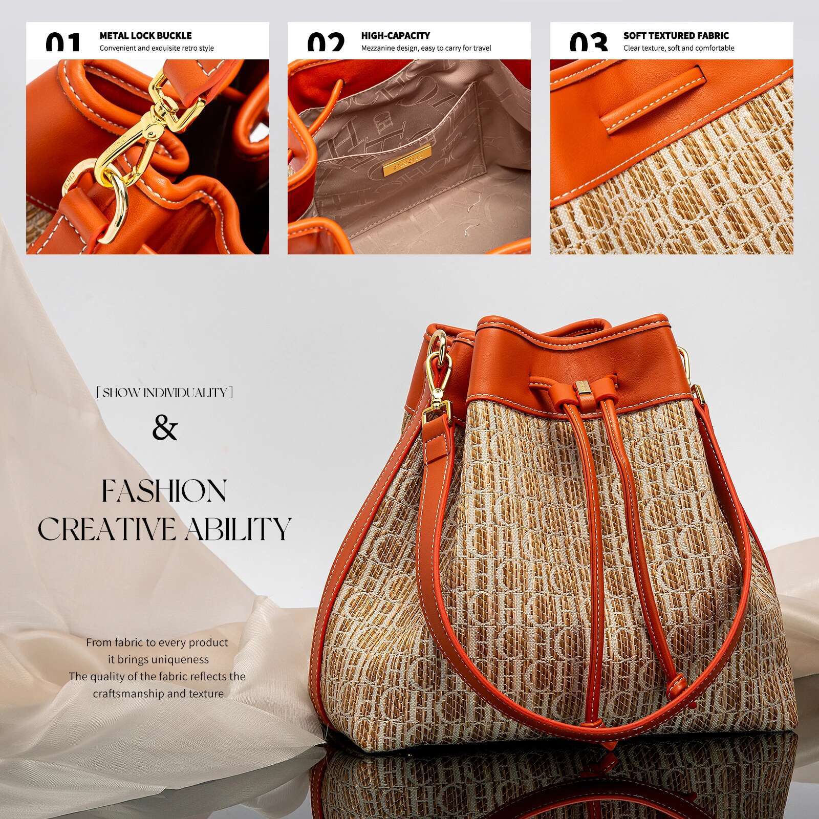 CHCH Women's Top Handbag New Knitted Texture Drawstring Large Capacity Dual Use Travel Shopping Bag