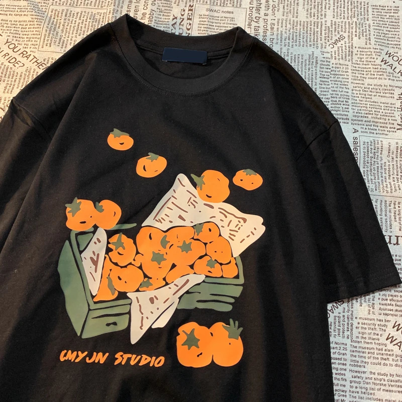 Original Box of Orange American Retro Fun Print Mens and Womens Loose Versatile BF Pure Cotton Couple Short sleeved Tshirt 250417