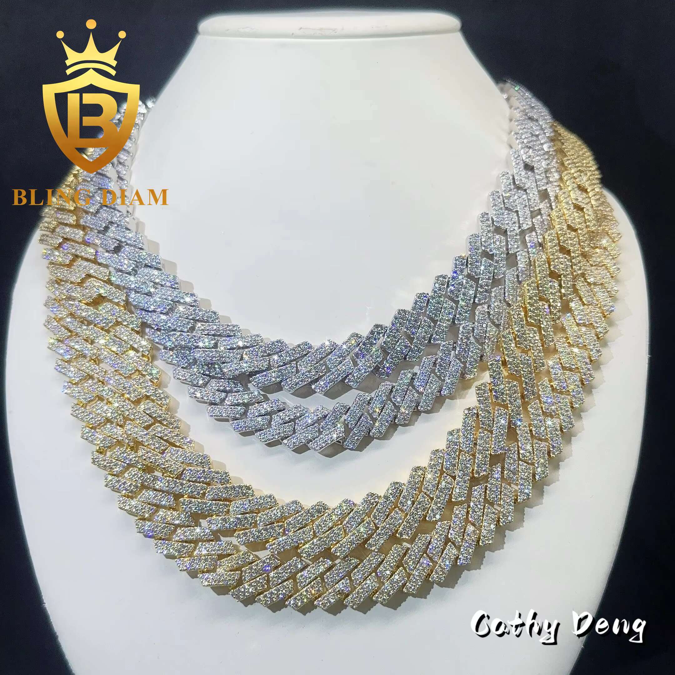 Trendy 13mm 15mm Hip Hop Jewelry Moissanite Cuban Chain Necklace 2rows 5A+ Moissanite Diamond Miami Mens Cuban Link Chain