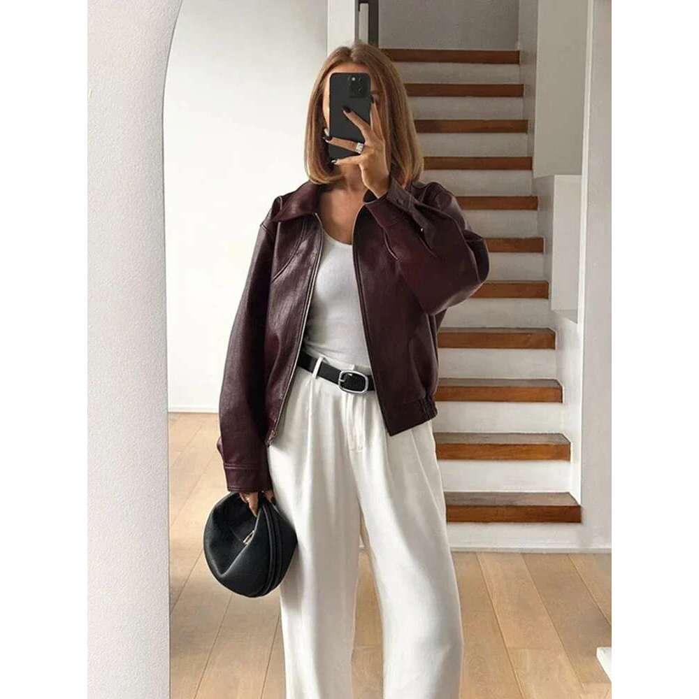 Faux Leather Short Jacket For Women Zipper Long Sleeve Lapel Moto Biker Street Coats Female 2024 New Chic Outwear Top
