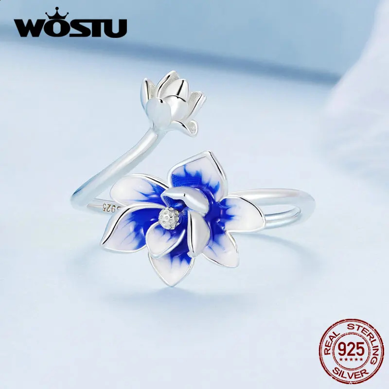 WOSTU Real 925 Sterling Silver Unique Lotus Open Rings For Women Blue Enamel Statement Flower Ring Wedding Party Jewelry Gift 250425