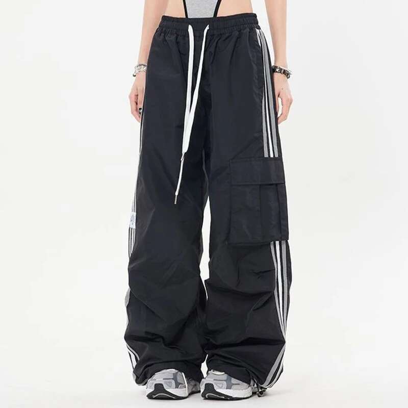 Y2k Kpop Cargo Pant Women Drawstring Pockets Wide Leg Chic Punk Pants Baggy Striped Sports Sweatpants Parachute Jogger Trousers