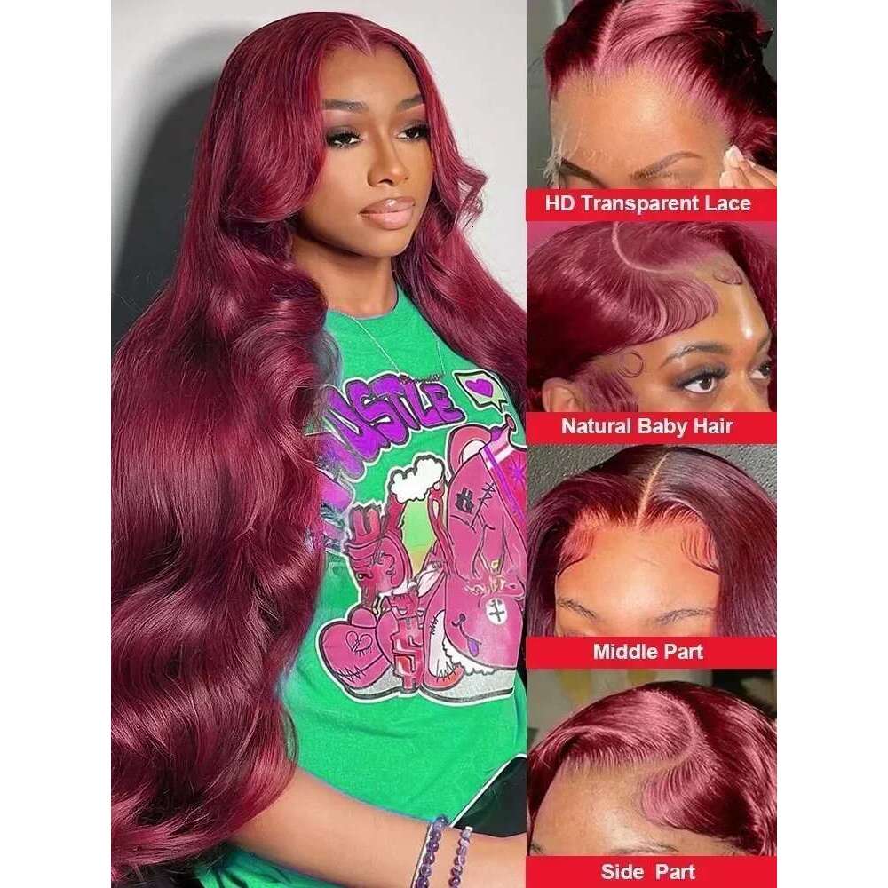 250 Density 99J Bury Body 13X4 Front Wig 13X6 Human Hair HD 30 40 Inch Lace Frontal Wigs Red Water Wave Brazilian