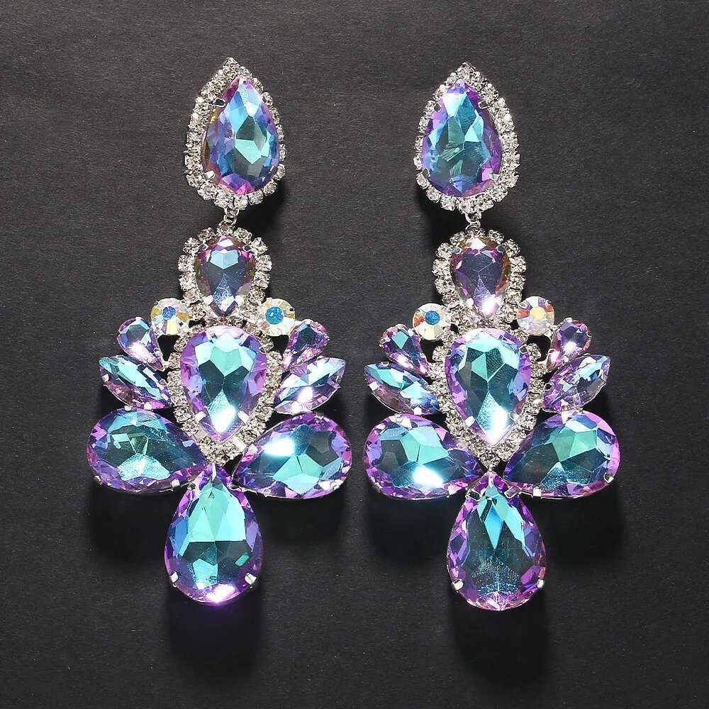 Stonefans Purple Crystal Dangle for Women Studs Wedding Ear Decoration Water Drop Statement Rhinestone Earrings Jewelry
