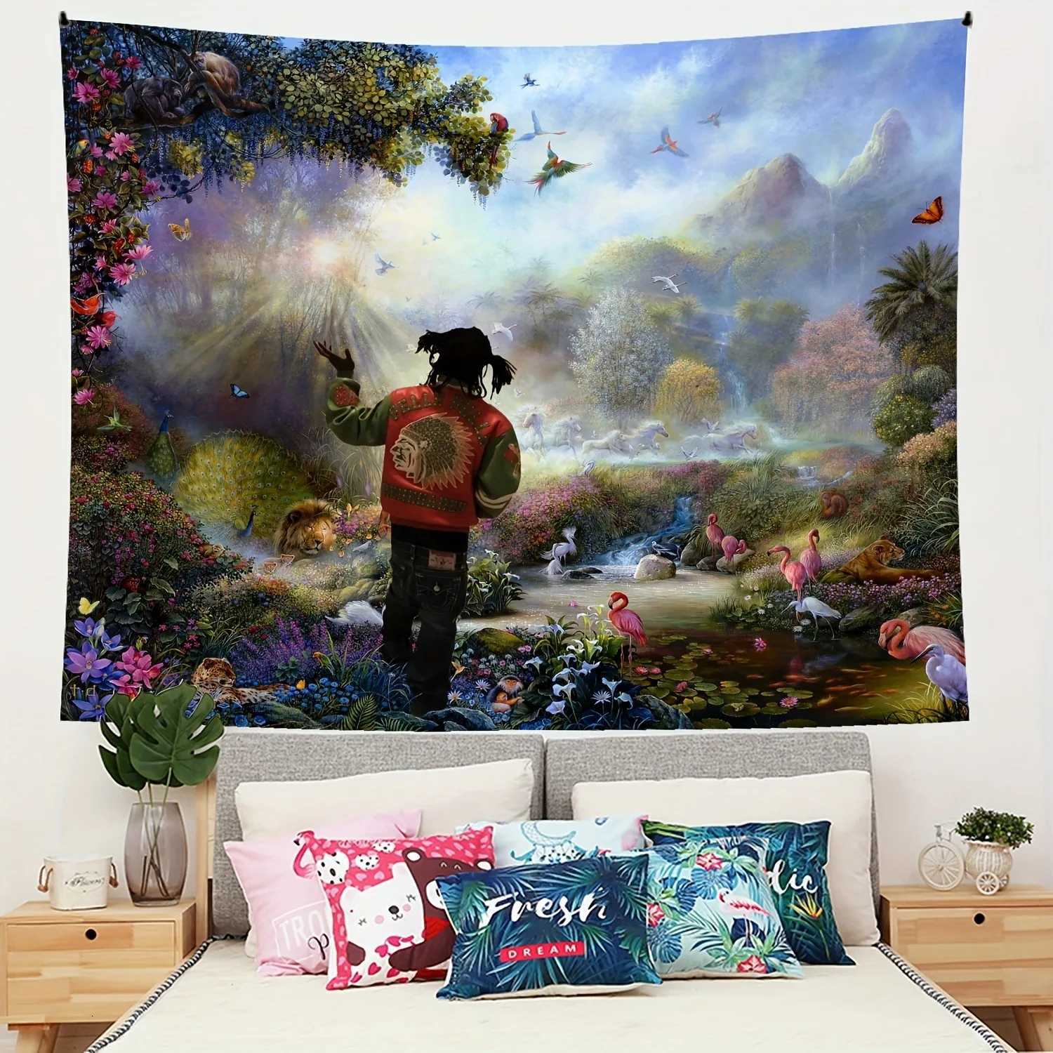 1pcs Landscape Flower and Bird Printed Tapestry Wall Hanging Tapestry for Bedroom and Living Room Festival Party DecorationM251125