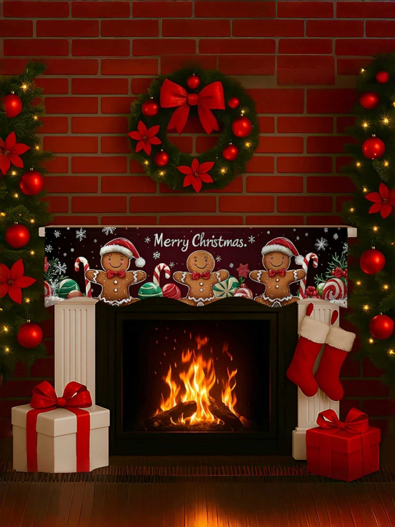 1 pcs Christmas Fireplace Scarf - with Gingerbread Man Greetings is your perfect holiday gift and suitable for home decorationM251125