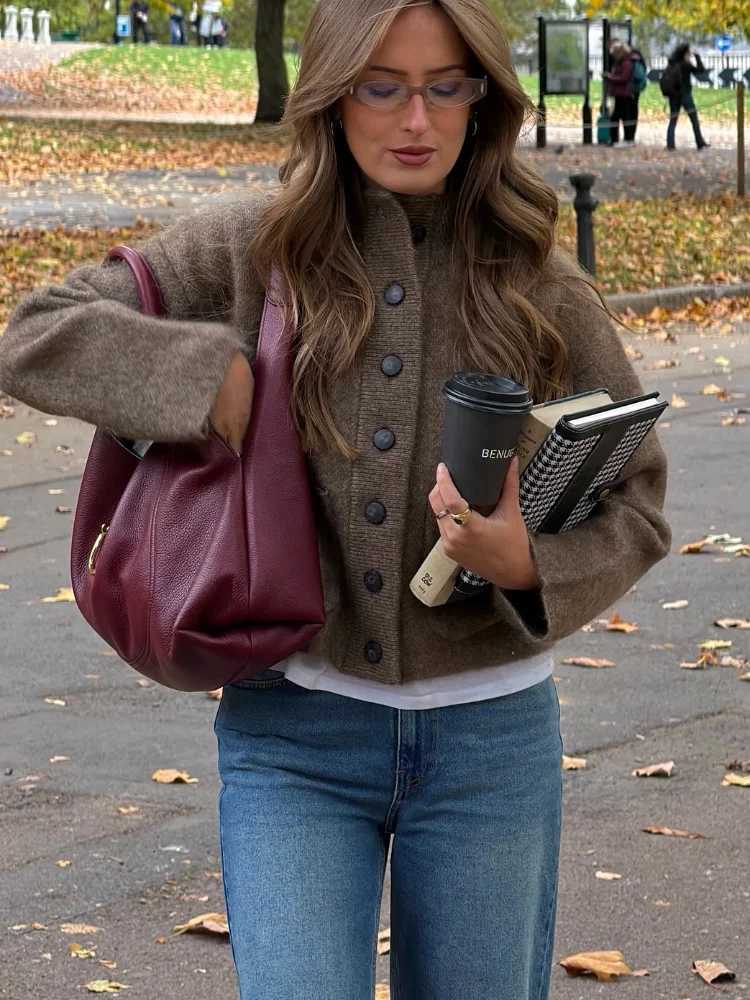 Autumn Vintage Brown Knit Woolen Cardigan For Women Single Breasted Pocket Soft Coat 2025 New Lady Maillard Style Warm OutwearsT251125