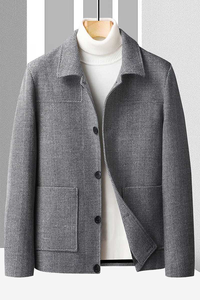 Autumn Winter Herringbone Patterned Woolen Jacket for Men High Quality Business Casual Formal Coat Short Social Trends CoatT251125