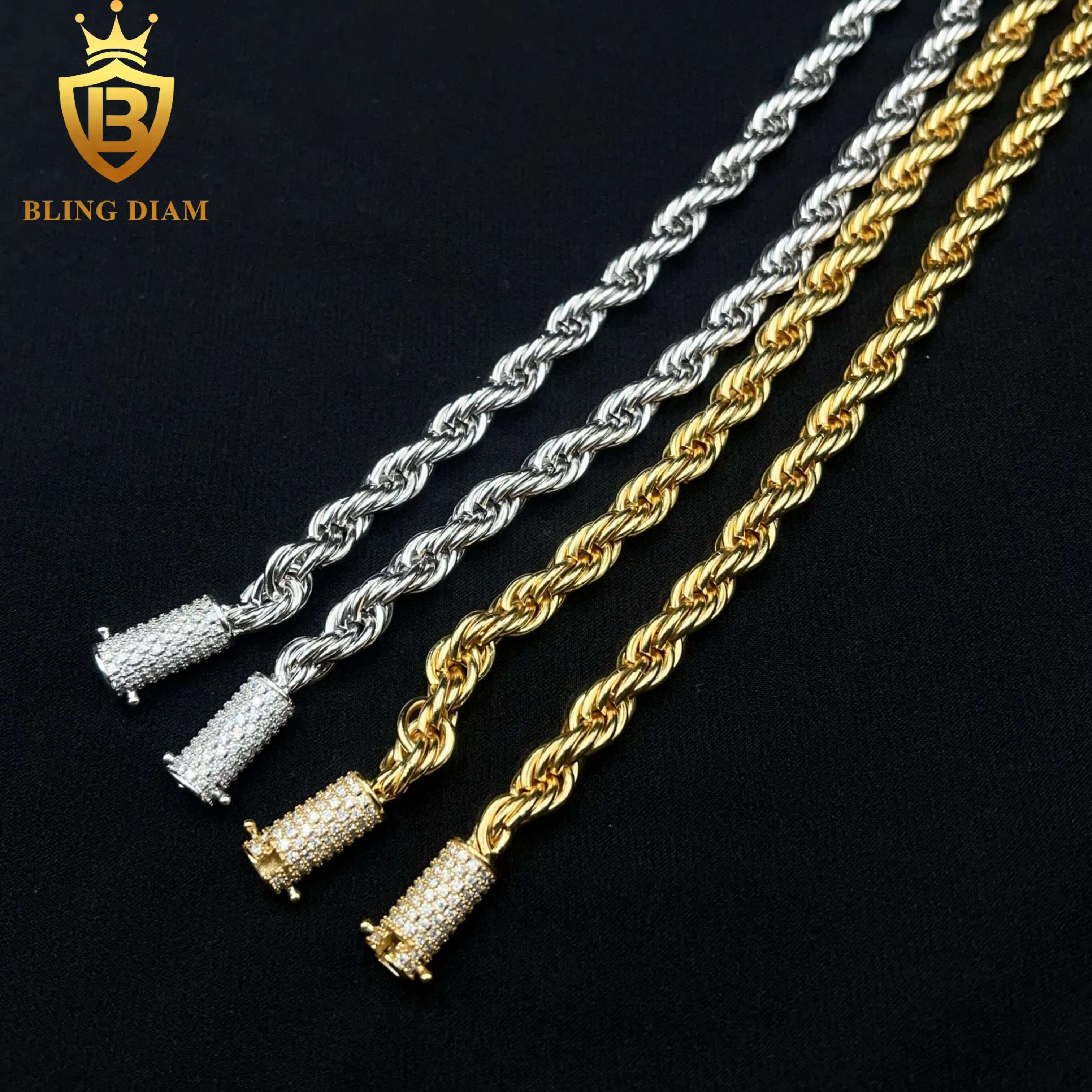 6mm Stainless Steel Rope Chain Hip Hop Jewelry 925 Sterling Silver VVS Moissanite Diamond for Men Women