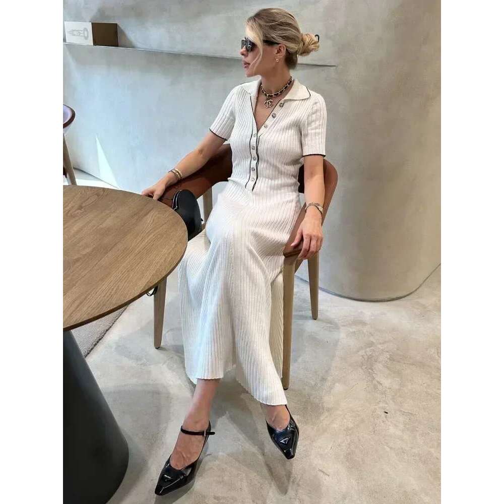 White Knit Fashion Maxi For Women Short Sleeve Patchwork Elegant Party Lapel High Waist Knitwear Women's Dress