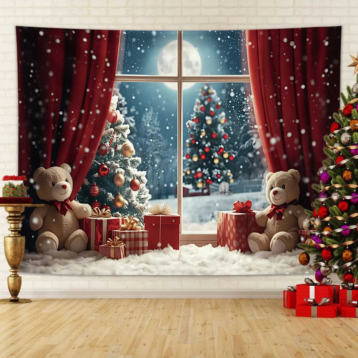 1pc Christmas red curtain teddy bear gift pattern tapestry New Year photography background tapestry aesthetic wall hangingM251125