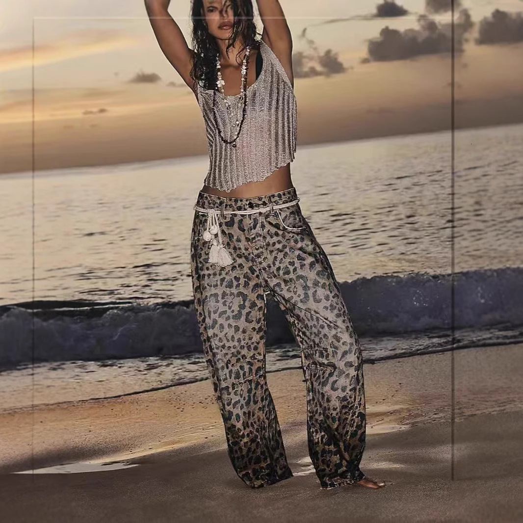 Women Leopard Barrel Jeans Y2k Cheetah Printed Baggy Boyfriend Jeans Mid Rise Wide Leg Denim Pants Horseshoe Jeans 250317