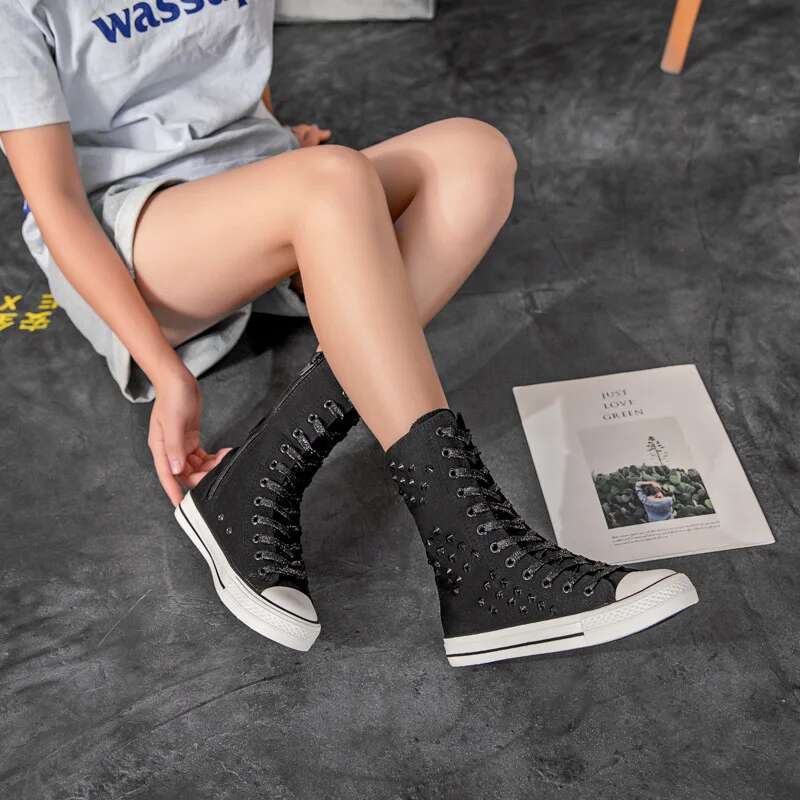 Spring and summer new medium sequin color lace-up rivet canvas casual soft sole flat couple large-size women's shoes