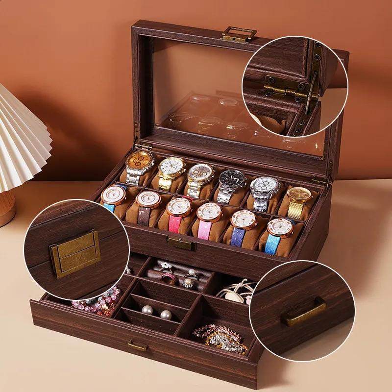 DELESYS Multi-layer large capacity vintage wood grain leather exquisite dust-proof watch jewelry double collection storage box 250424