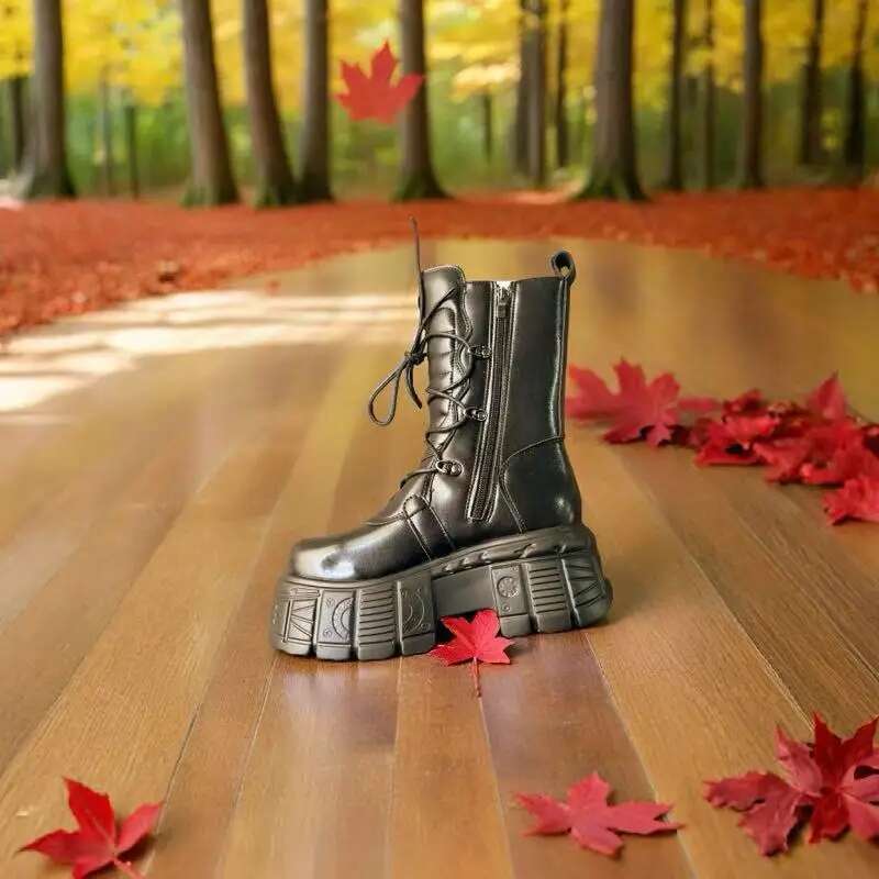 Spanish Punk Rocker Above Ankle Motorcycle Metallic Flames Mid-Calf Thick Platform Boots For Men And Women