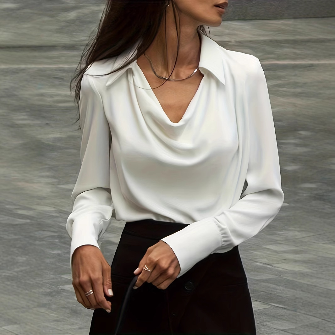 2024 Autumn Style Solid Color Simple Swinging Collar Womens Top Shirt Women