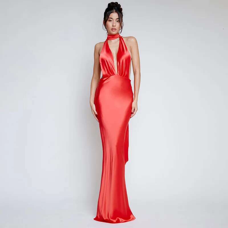 Dongdumaoyi Townlike Satin Deep V Neck Sexy Party Dress Women Halter Spring Summer Backless Nightclub Maxi Long Dresses Vestidos