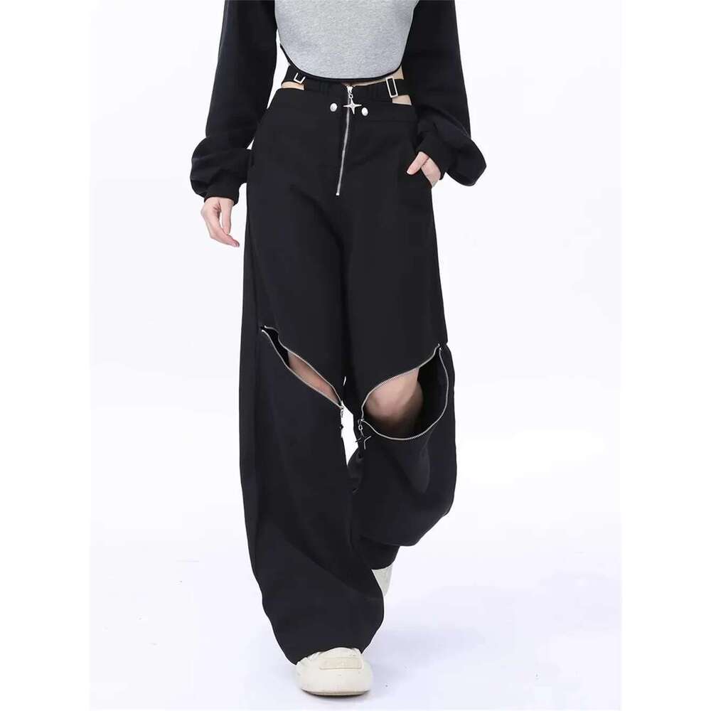 Y2k Summer Black Cargo Pants Women Original Retro Multi Zip Pocket Two Wear Design Drawstring Casual Oversized Trousers