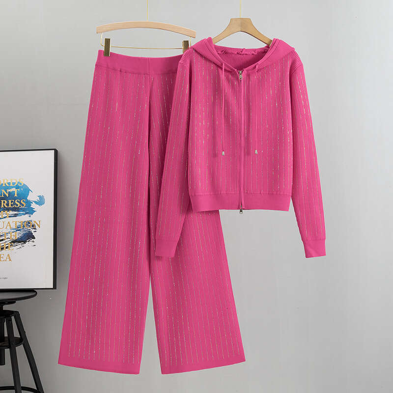 Womens Wide Leg Pants Hooded Knit Cardigan Two-piece Set Womens Autumn Fashion Loose Casual Hot Diamond Set New Pattern Popular New Arrival New Produc