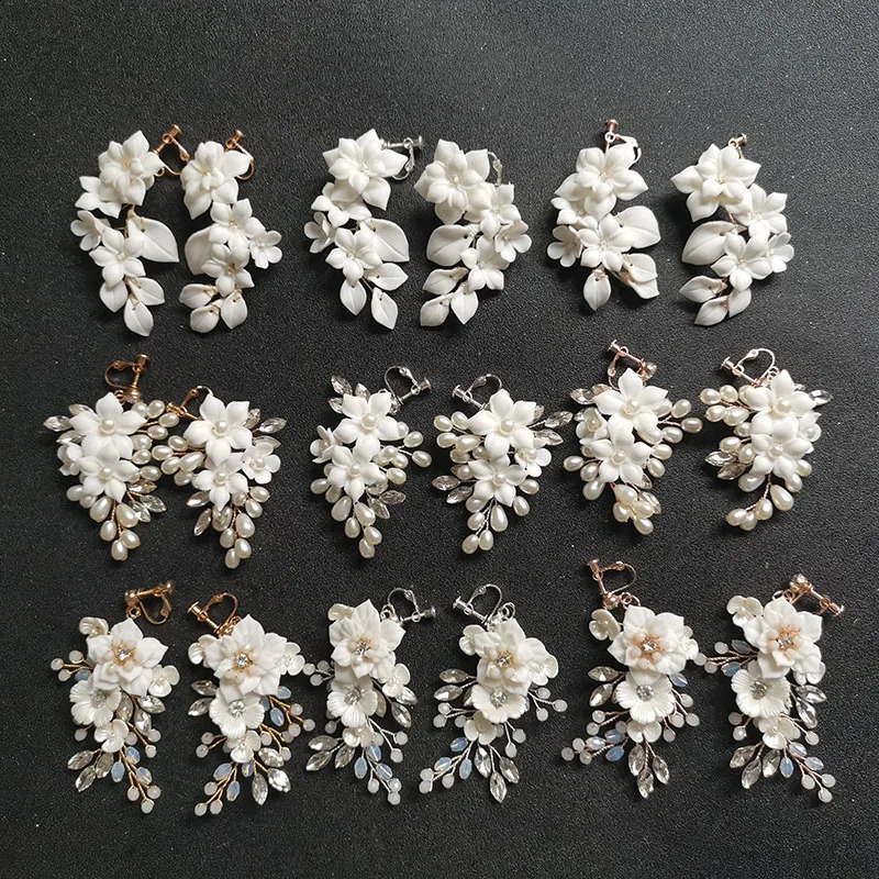 SLBRIDAL Handmade Rhinestone Crystal Pearl Ceramic Flower Bridal Pendant Earrings Wedding Pendant Earrings Fashion Womens Jewelry 250422