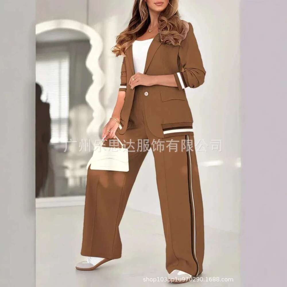 Spring Fashion Casual Loose Button Suit Wide Leg Pants Two Piece Set Women