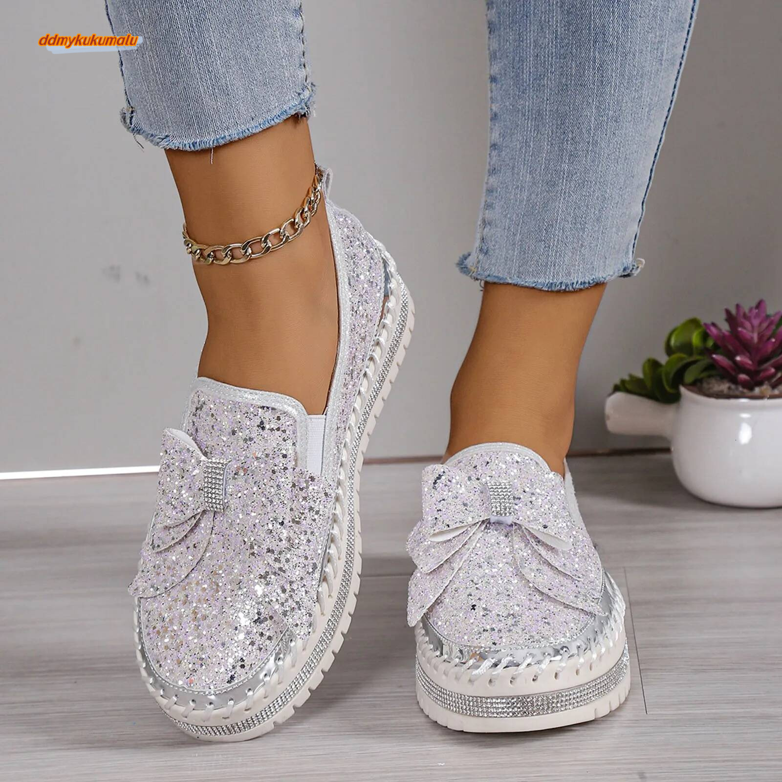 Sneakers Women'S Fashion Sequin Bow Slip On Casual Comfortable Shoes ddmykukumalu