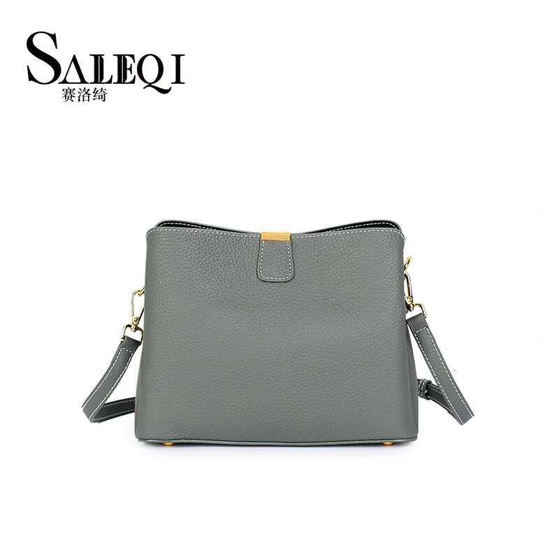 Cowhide Women Large Capacity Gray Bucket Bag Commuter Leather Ladie Designer Shoulder Crossbody Green Handbag Female