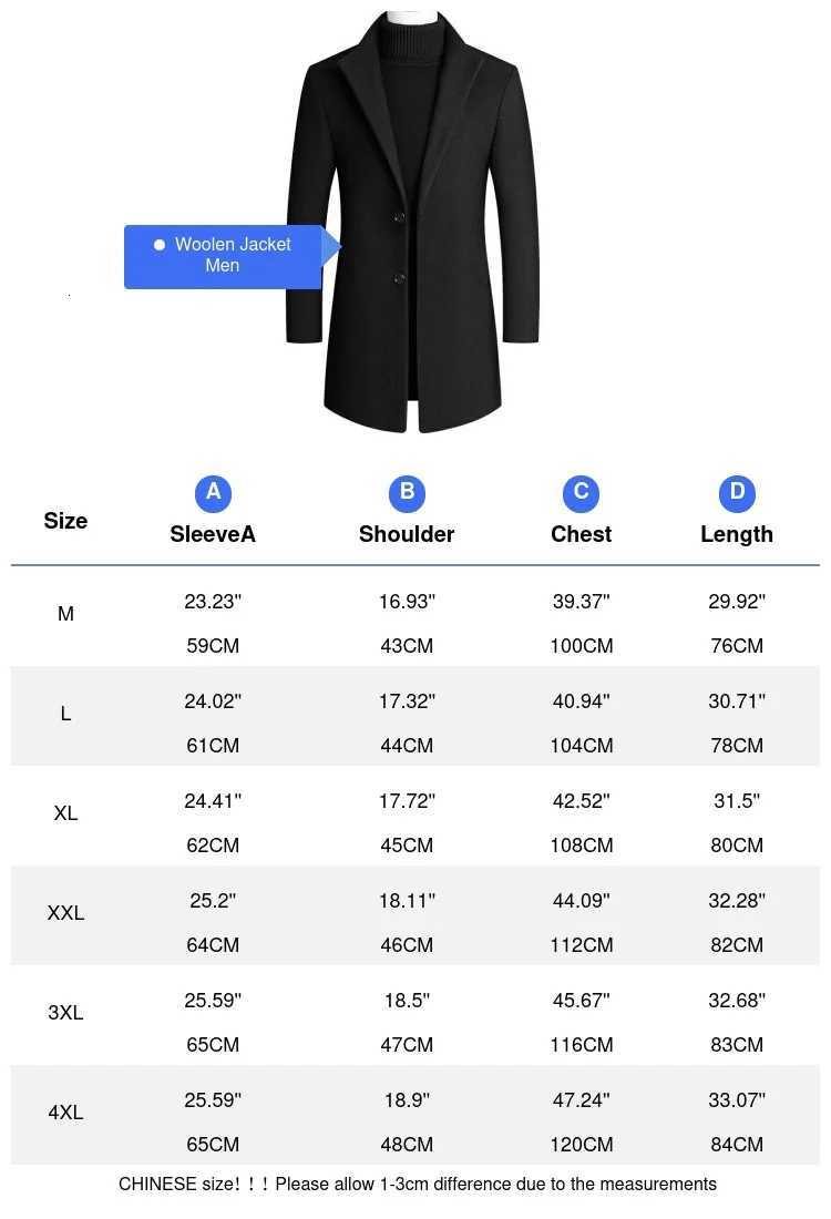 Winter Mens Woolen Jackets Casual Mens Mid-Long Trench Coats Male Turn-Down Collar Solid Color Warm Business Jackets ClothingT251125