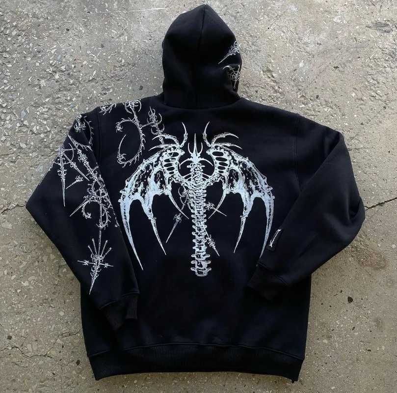 Gothic punk graphic printing oversized sportswear hip-hop rock black casual loose hoodie mens fashion Harajuku retro Y2K streetwear w250425