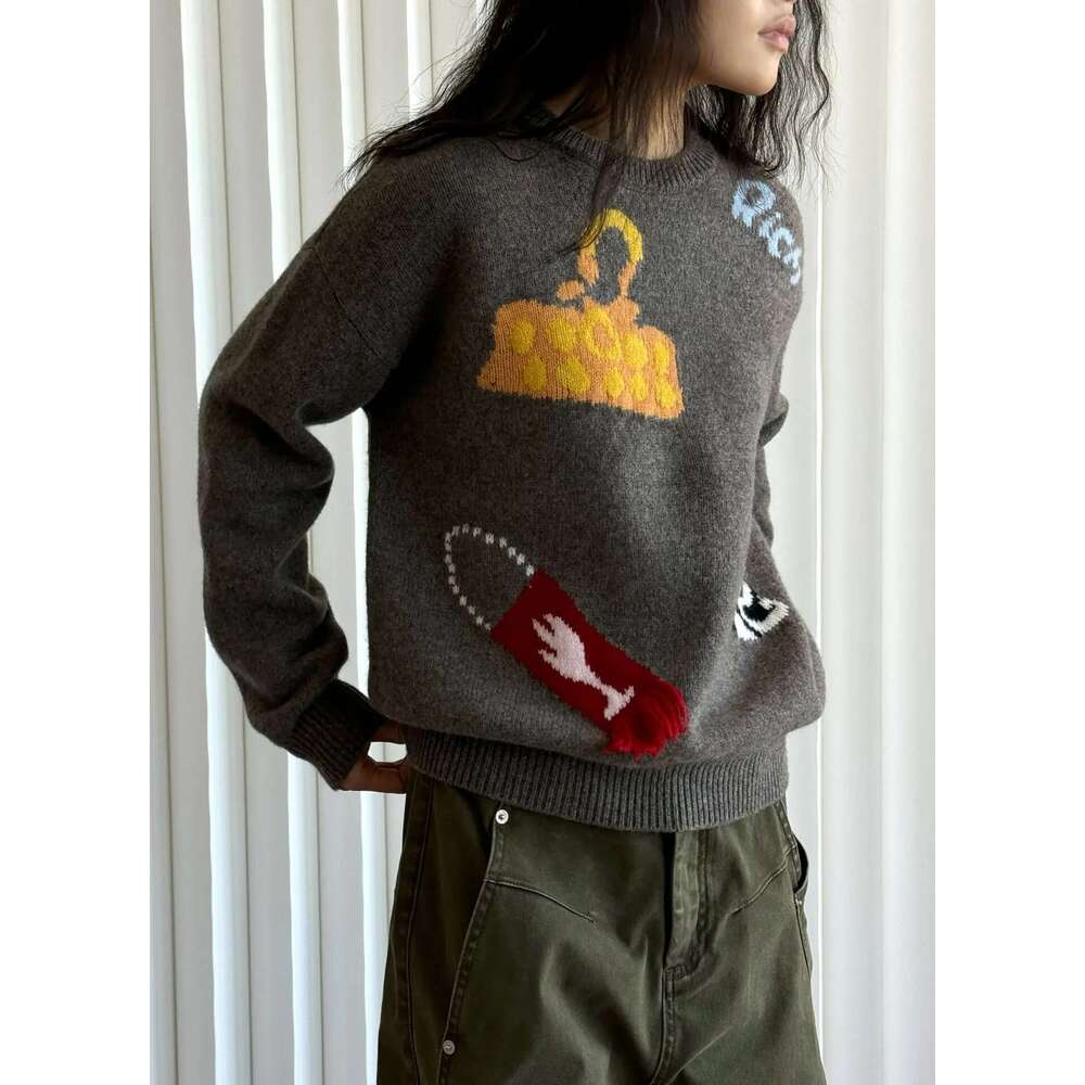 Autumn And Winter Women's Casual Jacquard Round Neck Long Sleeved Loose Pure Wool Sweater