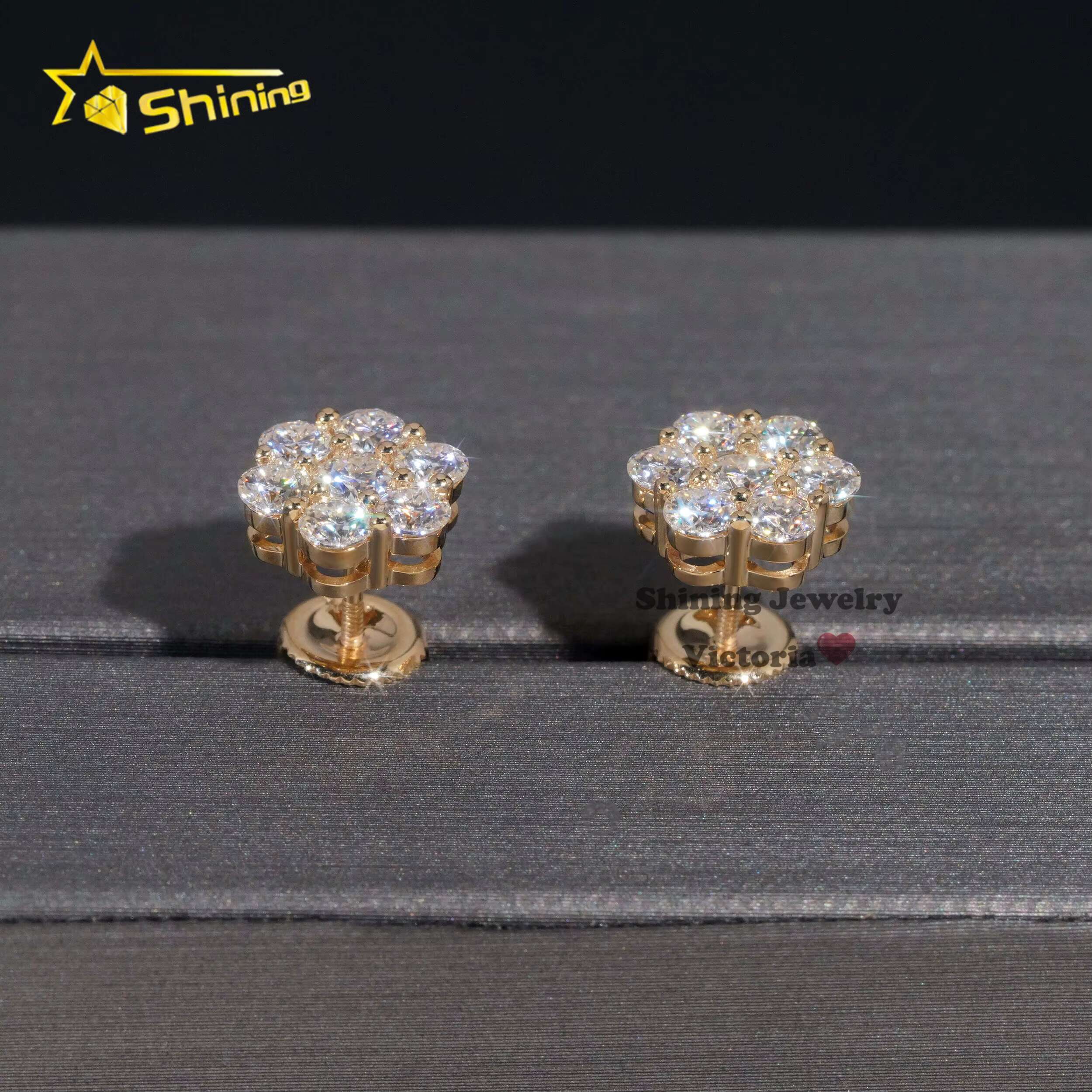 Pass Diamond Tester Hip Hop High Quality 10K 14K 18K Soild Gold Screw Back Cluster Moissanite Stud Earrings