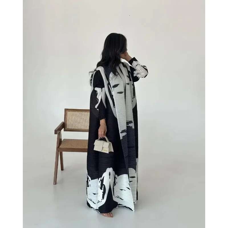 KAF Women Fashion Abaya Vintage Printed Cardigan Design Loose Large Size Elegant Female Robe Spring Autumn Model