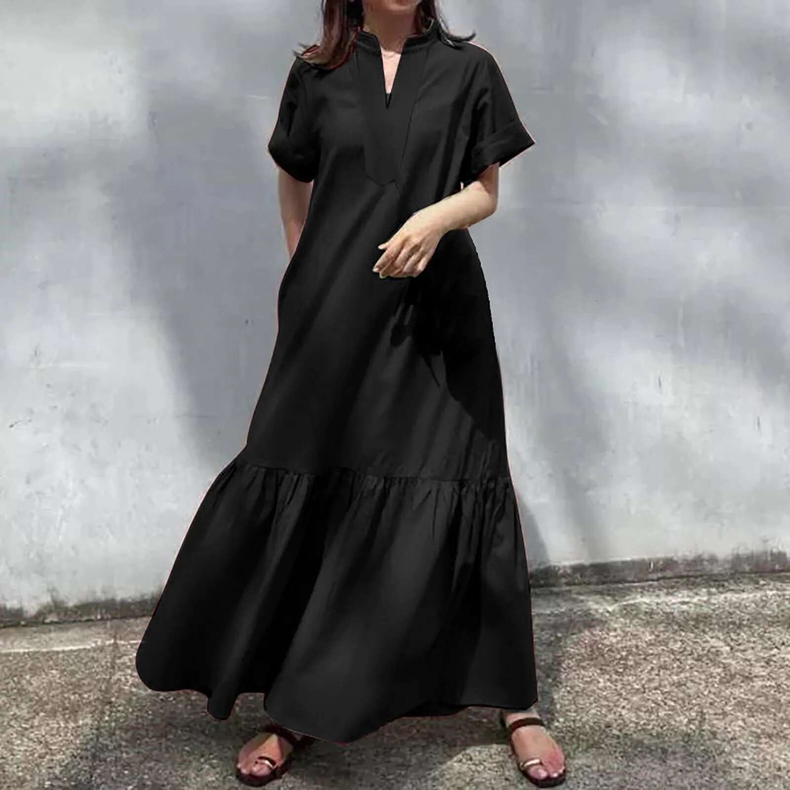 Dongdumaoyi Summer Bohemian Style Long Dress For Women Casual V Neck A Line Layered Ruffled Ankle Length Solid Loose Maxi Dresses